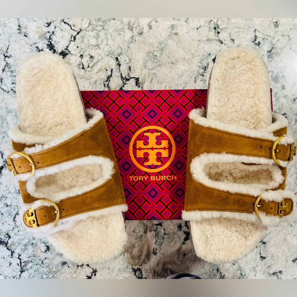 New Tory Burch Suede & Shearling Slides with Gold Buckles